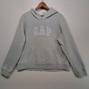 Vintage GAP Hoodie Womens XL Gray Spellout Logo Fleece Pullover Sweatshirt